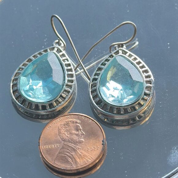 Silver Tone and Light Blue Faceted Stone Teardrop Wire Earrings - Picture 2 of 3
